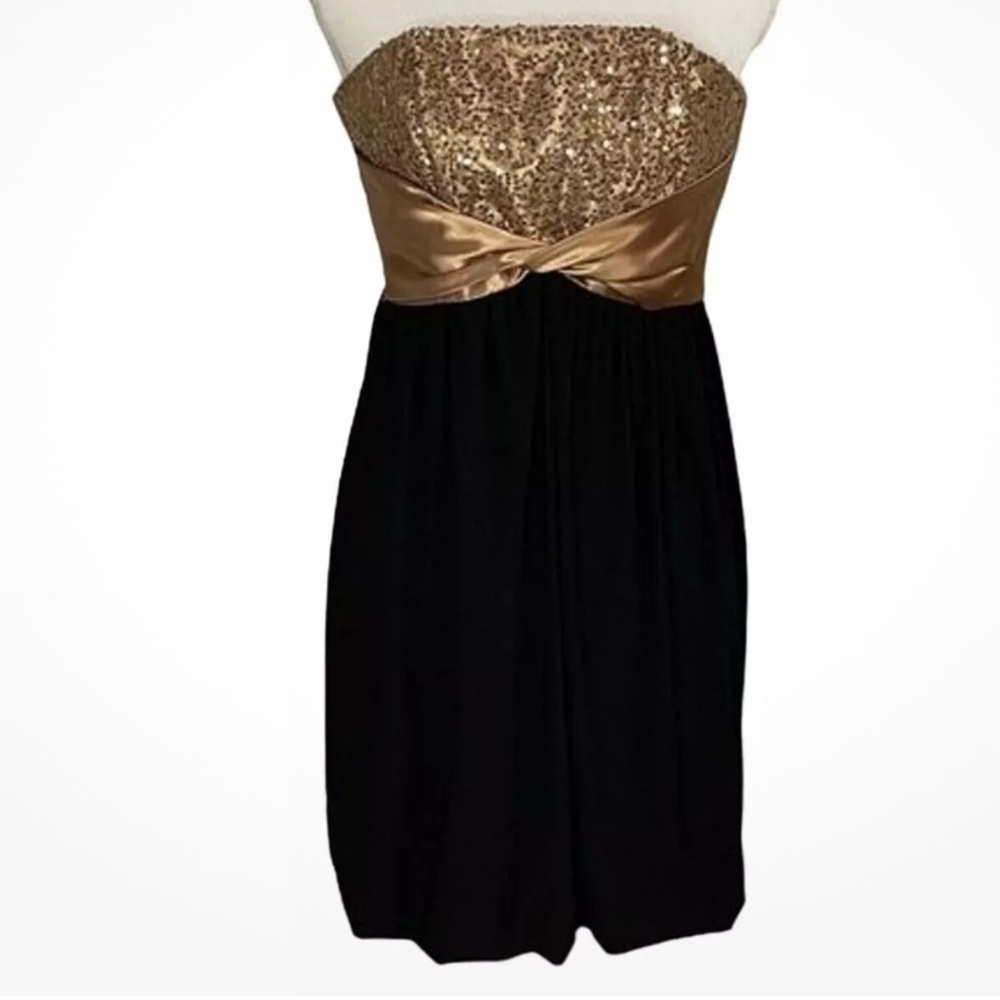 Gunne Sax by Jessica McClintock Black Gold Strapless Sequin Prom Dress Small EUC